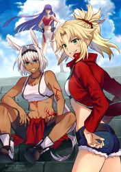 Rule 34 | 3girls, animal ears, artist name, bare shoulders, blonde hair, blue eyes, blunt bangs, blunt ends, breasts, caenis (fate), cloud, collarbone, commentary request, cowboy shot, dark-skinned female, dark skin, day, denim, denim shorts, fate/grand order, fate (series), full body, green eyes, hair between eyes, highres, jewelry, long hair, long sleeves, looking at viewer, martha (fate), medium breasts, meiji ken, midriff, mordred (fate), mordred (fate/apocrypha), mordred (memories at trifas) (fate), multiple girls, navel, necklace, outdoors, ponytail, short hair, shorts, sitting, sitting on stairs, sky, sleeveless, small breasts, stairs, stomach, tattoo, teeth, twitter username, very long hair, watermark, white hair