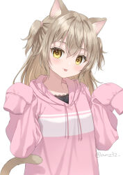 Rule 34 | 1girl, :p, animal ears, blush, breasts, brown eyes, brown hair, cat ears, cat girl, cat tail, closed mouth, commentary request, drawstring, hair between eyes, hands up, hood, hood down, hoodie, long hair, long sleeves, looking at viewer, original, pink hoodie, puffy long sleeves, puffy sleeves, simple background, sleeves past fingers, sleeves past wrists, small breasts, smile, solo, tail, tongue, tongue out, twitter username, two side up, upper body, white background, yumoran
