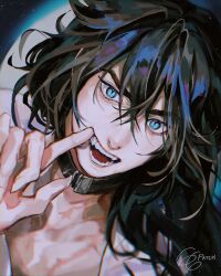 Rule 34 | 1boy, 66patch, absurdres, artist name, blue eyes, brown hair, chromatic aberration, collar, commentary, crossed bangs, english commentary, fangs, finger in own mouth, fingernails, gu mang, hair between eyes, highres, long hair, looking at viewer, male focus, moon, open mouth, robe, scar, scar on chest, scar on neck, sharp fingernails, slit pupils, solo, thick eyebrows, white robe, yuwu