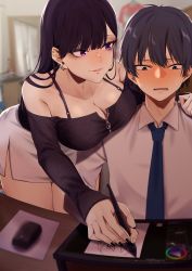 Rule 34 | 1boy, 1girl, absurdres, bare shoulders, black nails, blush, breasts, cleavage, collared shirt, desk, drawing, drawing tablet, ear piercing, earrings, hand on shoulder, highres, holding, holding stylus, indoors, jewelry, kangoku meika, large breasts, leaning forward, looking at another, miniskirt, mouse (computer), nail polish, necktie, open mouth, original, piercing, purple eyes, shirt, skirt, stylus, tablet pc, thighs, white skirt