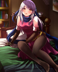 Rule 34 | 1girl, bare shoulders, bed, bed sheet, bedroom, belt, black gloves, black pantyhose, blue ribbon, blue scarf, blush, bracelet, breasts, dress, elbow gloves, fingerless gloves, fire emblem, fire emblem: radiant dawn, gloves, hair ribbon, half updo, highres, indoors, jewelry, long hair, looking at viewer, medium breasts, micaiah (fire emblem), nintendo, on bed, open mouth, pantyhose, parted lips, pillow, red dress, revision, ribbon, scarf, side slit, sitting, sleeveless, sleeveless dress, solo, sunlight, waiting for kiss, white hair, yellow eyes, yozu (yozu0420)
