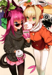 Rule 34 | 2girls, absurdres, ahoge, artbook, banned artist, black legwear, blonde hair, buttons, camera, cellphone, coat, coffee, coffee mug, contemporary, cup, disposable cup, double-breasted, eating, elizabeth bathory (fate), elizabeth bathory (fate/extra ccc), fate/grand order, fate (series), finger cots, food, hair intakes, highres, holding, holding phone, mug, multiple girls, nero claudius (fate), nero claudius (fate) (all), nero claudius (fate/extra), orange coat, pantyhose, parsley-f, pasta, phone, pink hair, scan, smartphone, spaghetti, yellow background