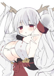 Rule 34 | 1girl, :o, armpits, artist request, azur lane, breasts, cleavage, female focus, highres, horns, large breasts, looking at viewer, open mouth, red eyes, revealing clothes, shimanto (azur lane), simple background, solo, standing, white background