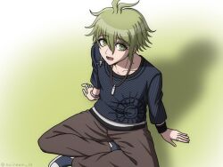 Rule 34 | 1boy, :d, amami rantaro, antenna hair, artist name, bracelet, brown pants, collarbone, danganronpa (series), danganronpa v3: killing harmony, gradient background, green eyes, green hair, jewelry, lower teeth only, male focus, necklace, open mouth, pants, ring, shirt, short hair, smile, solo, striped clothes, striped shirt, suiren yurei, teeth