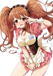 Rule 34 | 1girl, alternate costume, apron, apron tug, asahina mikuru, blush, breasts, brown eyes, brown hair, character name, choker, cleavage, covering crotch, covering privates, cowboy shot, embarrassed, enmaided, floating hair, hair between eyes, hair ribbon, large breasts, long hair, maid, maid headdress, matokechi, miniskirt, mole, mole on breast, official alternate hairstyle, open mouth, pink skirt, pleated skirt, red ribbon, ribbon, short sleeves, simple background, skirt, solo, standing, suzumiya haruhi no yuuutsu, twintails, v over eye, very long hair, wavy mouth, white apron, white background, wrist cuffs