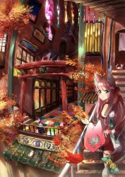 Rule 34 | 2girls, against railing, animal ears, autumn, autumn leaves, bell, blue hair, cat, cat ears, cat tail, commentary request, facial mark, gawako, green eyes, highres, japanese clothes, japanese flag, kimono, leaf, leaning against railing, long hair, looking at viewer, multiple girls, original, painting (object), pink hair, railing, red shorts, shorts, shrine, solo focus, tail, tail bell, tail ornament, text focus, torii, translation request