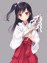 Rule 34 | 1girl, :&lt;, black hair, blush, character request, commentary request, frown, gohei, grey background, hair ribbon, hakama, hakama skirt, japanese clothes, kaiketsu! obake capriccio!!, long hair, looking at viewer, miko, one side up, oonusa, red eyes, red hakama, ribbon, rimo, simple background, skirt, solo, white ribbon, wide sleeves