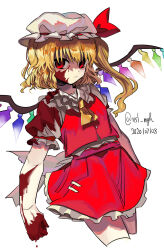 Rule 34 | 1girl, absurdres, ascot, back bow, blonde hair, blood, blood on clothes, blood on face, bow, breasts, buttons, clenched hand, closed mouth, cowboy shot, cropped legs, dated, flandre scarlet, frilled skirt, frills, hat, hat ribbon, highres, ichirugi, large bow, light smile, looking at viewer, medium hair, mob cap, multicolored wings, one side up, puffy short sleeves, puffy sleeves, red eyes, red ribbon, red skirt, red vest, ribbon, ribbon-trimmed headwear, ribbon trim, shirt, short sleeves, simple background, skirt, skirt set, sleeve ribbon, small breasts, solo, touhou, twitter username, vest, white background, white bow, white hat, white shirt, wings, yellow ascot