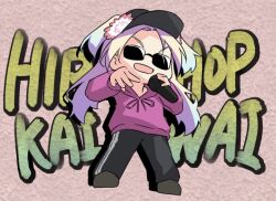 Rule 34 | 1girl, alternate hair color, azukilib, baseball cap, black hat, black pants, blue hair, chibi, chibi only, drawstring, drop shadow, english text, female focus, flat chest, flower, full body, glasses, grey footwear, hair intakes, hands up, happy, hat, hat flower, holding, holding microphone, hood, hood down, hooded sweater, legs apart, link! like! love live!, long hair, long sleeves, love live!, microphone, mixed-language text, multicolored hair, music, open mouth, osawa rurino, pants, pince-nez, pink background, pink flower, pink sweater, purple hair, romaji text, shoes, sidelocks, singing, smile, solo, standing, sunglasses, sweater, text background, text focus, track pants, translation request, twintails, two-tone hair, two side up, v-shaped eyebrows