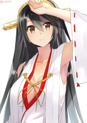 Rule 34 | 10s, 1girl, aiguillette, arm up, armpits, artist name, bare shoulders, black hair, breasts, brown eyes, cleavage, cleavage cutout, clothing cutout, covering own eyes, detached sleeves, female focus, hair ornament, hairband, hairclip, haruna (kancolle), headgear, isshiki (ffmania7), japanese clothes, kantai collection, large breasts, long hair, looking at viewer, nontraditional miko, shading eyes, simple background, smile, solo, twitter username, upper body, white background