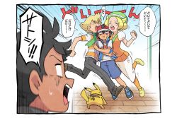 Rule 34 | 1girl, 3boys, :i, ash ketchum, barry (pokemon), baseball cap, beret, bianca (pokemon), black hair, blonde hair, blue jacket, brown footwear, clenched hand, closed mouth, commentary request, creatures (company), dododo dadada, dress, emphasis lines, falling, game freak, gen 1 pokemon, goh (pokemon), green headwear, green scarf, grey pants, hat, jacket, multiple boys, nintendo, open mouth, orange pantyhose, orange vest, pants, pantyhose, pikachu, pokemon, pokemon (anime), pokemon (creature), pokemon bw (anime), pokemon dppt (anime), pokemon journeys, red headwear, running, scarf, shirt, shoes, short hair, short sleeves, shorts, sleeveless, sleeveless jacket, speech bubble, standing, striped clothes, striped jacket, sweatdrop, t-shirt, teeth, tongue, translation request, upper teeth only, vest, white dress, white shirt, yellow footwear