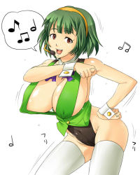 Rule 34 | 00s, 1girl, ass, beamed quavers, bouncing breasts, breasts, cleavage, covered erect nipples, female focus, green hair, hairband, hand on own hip, headset, hip focus, huge breasts, idolmaster, idolmaster (classic), leotard, music, musical note, navel, nipples, onigawara sharu, otonashi kotori, perky breasts, pointy breasts, quaver, red eyes, sagging breasts, short hair, singing, solo, speech bubble, spoken musical note, sweat, text focus, thighhighs, translated, wrist cuffs