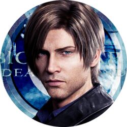 Rule 34 | 1boy, :|, profile picture, beard, black jacket, blue eyes, blue shirt, brown hair, closed mouth, commentary request, facial hair, jacket, leon s. kennedy, logo, lowres, male focus, official art, resident evil, resident evil: death island, shirt, short hair, solo, transparent background, upper body, v-shaped eyebrows