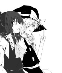 Rule 34 | 2girls, ascot, bare shoulders, bow, braid, detached sleeves, female focus, greyscale, grin, group picture, group profile, hair bow, hair ribbon, hair tubes, hakurei reimu, hat, hat tip, kirisame marisa, lineup, monochrome, multiple girls, profile, ram hachimin, ribbon, short hair, side braid, simple background, smile, touhou, white background, witch hat, wristband