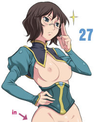 Rule 34 | 00s, 1girl, bottomless, breasts, corset, female pubic hair, glasses, gundam, gundam 00, hand on own hip, maruto!, medium breasts, nipples, out-of-frame censoring, pubic hair, shirin bakhtiar, simple background, solo
