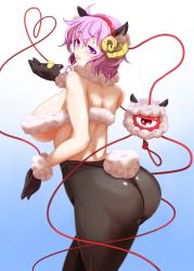 Rule 34 | 1girl, :p, aged up, ahoge, alternate breast size, animal ears, ass, bare shoulders, black pantyhose, breasts, chinese zodiac, colored eyelashes, curvy, from behind, gloves, gradient background, hairband, heart, hooves, horns, komeiji satori, large breasts, looking at viewer, looking back, monster girl, new year, pandain, pantyhose, purple eyes, purple hair, sheep ears, sheep girl, sheep horns, sheep tail, short hair, sideboob, solo, strapless, tail, thick thighs, thighs, third eye, tongue, tongue out, touhou, tube top, wool, year of the goat, year of the ram