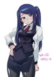 Rule 34 | 1girl, black pantyhose, black skirt, black vest, breasts, collared shirt, frown, hand on own hip, head tilt, highres, jill stingray, long hair, looking at viewer, makino harumaki, necktie, pantyhose, parted bangs, parted lips, pencil skirt, purple hair, red eyes, red necktie, shirt, simple background, skirt, thighband pantyhose, thighhighs, title, twintails, va-11 hall-a, vest, white background, white shirt