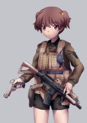 Rule 34 | 1girl, 9s0ykoyama117, absurdres, alisa (girls und panzer), black shorts, body armor, brown eyes, brown hair, brown jacket, carrying, closed mouth, commentary request, cowboy shot, explosive, freckles, frown, girls und panzer, grenade, gun, gun sling, hair ornament, handgun, highres, holding, holding gun, holding weapon, holster, jacket, long sleeves, looking at viewer, m1911, military, military uniform, mk 18 carbine, partial commentary, pistol, saunders military uniform, short hair, short twintails, shorts, simple background, solo, standing, star (symbol), star hair ornament, twintails, uniform, weapon