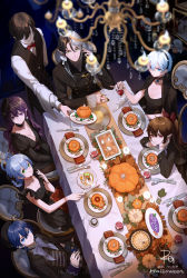 Rule 34 | 2boys, 4girls, absurdres, asamayuki ra, autumn leaves, black dress, black hair, black suit, blue eyes, blue hair, blurry, blurry foreground, braid, brown eyes, brown hair, butler, buttons, candle, chandelier, chinese commentary, commentary, cup, dated, dinner, double-breasted, dress, drinking glass, earrings, faceless, faceless male, food, fork, formal, from above, green eyes, grey hair, hair rings, hairband, halloween, head rest, highres, holding, holding cup, indoors, jewelry, knife, long hair, looking at viewer, looking up, luo tianyi, mo qingxian, mole, mole under eye, multicolored hair, multiple boys, multiple girls, necklace, pie, plate, pointy ears, pumpkin, purple eyes, purple hair, serving, short hair, signature, smile, suit, table, two-tone hair, vocaloid, vsinger, white hair, wine glass, yanhe, yuezheng ling, yuezheng longya, zhiyu moke