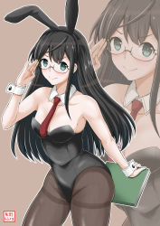 Rule 34 | 1girl, adjusting eyewear, alternate costume, animal ears, black hair, book, breasts, rabbit ears, cleavage, commentary request, detached collar, fake animal ears, glasses, green eyes, hairband, highres, holding, holding book, kantai collection, long hair, looking at viewer, necktie, ooyodo (kancolle), pantyhose, pink background, playboy bunny, smile, solo, wrist cuffs, yano toshinori, zoom layer