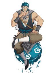 Rule 34 | 1boy, abs, bandages, bara, beard, belt, biceps, blue eyes, blue hair, chest hair, crossed legs, facial hair, floating, floating object, gauntlets, hand on own face, highres, looking at viewer, male focus, manly, mature male, monocle, multicolored hair, muscular, muscular male, orb, original, pants, pectorals, scarf, shoes, short hair, simple background, sitting, socks, solo, spiked hair, thick arms, tokkuri, white background, white hair, zhuganchangjiadan