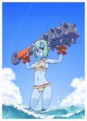 Rule 34 | 1girl, 8noiltna, :d, absurdres, bad id, bad twitter id, bare shoulders, blue skin, blue sky, cloud, club, club (weapon), colored skin, commentary, contrail, crop top, day, green hair, grin, highres, horns, huge weapon, kanabou, looking at viewer, navel, oni, open mouth, original, outdoors, pointy ears, red eyes, shochuumimai, short hair, skin-covered horns, sky, sleeveless, smile, solo, stomach, tan, tanline, wading, water, weapon