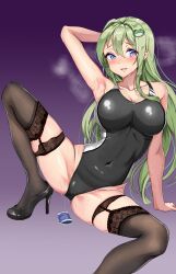 Rule 34 | 1girl, absurdres, amagi (amagi626), armpits, black one-piece swimsuit, blue eyes, breasts, cleavage, competition swimsuit, covered navel, frog hair ornament, garter straps, green hair, hair ornament, hair tubes, high heels, highres, kochiya sanae, large breasts, legwear garter, lingerie, long hair, one-piece swimsuit, purple background, pussy juice, pussy juice trail, single sidelock, snake hair ornament, solo, steaming body, swimsuit, thighhighs, touhou, underwear