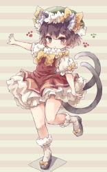 Rule 34 | 1girl, :&lt;, animal ears, black footwear, bow, bright pupils, brown background, brown eyes, brown hair, cat ears, cat tail, chen, closed mouth, dress, earrings, footwear bow, frilled dress, frills, full body, green hat, hat, highres, jewelry, kolshica, looking at viewer, mob cap, multiple tails, nekomata, paw print, red dress, short hair, short sleeves, single earring, solo, standing, standing on one leg, striped, striped background, tail, touhou, two tails, white legwear, white pupils, yellow bow
