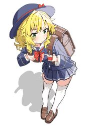 Rule 34 | 1girl, absurdres, backpack, bag, blonde hair, blue hat, blue skirt, bow, bowtie, brown bag, brown footwear, closed mouth, commentary request, full body, green eyes, haruyuki (gffewuoutgblubh), hat, highres, idolmaster, idolmaster cinderella girls, idolmaster cinderella girls u149, leaning forward, loafers, randoseru, red bow, red bowtie, sailor collar, sakurai momoka, shoes, short hair, simple background, skirt, solo, thighhighs, v-shaped eyebrows, white background, white sailor collar, white thighhighs