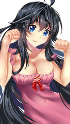 Rule 34 | 10s, 1girl, ahoge, bare shoulders, black hair, blue eyes, bow, breasts, cleavage, clenched hands, closed mouth, collarbone, cross-laced clothes, dress, eyebrows, hair between eyes, highres, large breasts, long hair, looking at viewer, netoge no yome wa onna no ko janai to omotta?, paperfinger, paw pose, pink dress, red bow, red lips, simple background, sleeveless, sleeveless dress, smile, solo, strap slip, tamaki ako, white background