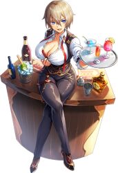 Rule 34 | 1girl, alcohol, artist request, blue eyes, bottle, breasts, brown hair, button gap, cherry, crossed legs, fang, food, fruit, full body, glass, glass bottle, heels, ice, ice cube, kamihime project r, large breasts, lemon, lemon slice, necktie, open mouth, shingen (kamihime), shoes, short hair, sitting, smile, table, teasing, tomboy, transparent background, tray, vest, wooden table