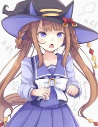 Rule 34 | blush, brown hair, collarbone, commentary request, hair rings, hat, highres, horse girl, horse tail, long hair, neko mata, open mouth, ribbon, school uniform, simple background, solo, sweep tosho (umamusume), tail, tracen school uniform, twintails, umamusume, white background, witch hat