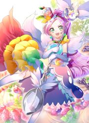Rule 34 | 1girl, :d, absurdres, cure parfait, dress, elbow gloves, floating hair, gloves, green eyes, green hairband, hairband, highres, holding, holding staff, kirakira precure a la mode, long hair, looking at viewer, open mouth, parted bangs, pink hair, precure, sleeveless, sleeveless dress, smile, solo, staff, striped clothes, striped dress, thighhighs, v-shaped eyebrows, very long hair, white gloves, white thighhighs, yuutarou (fukiiincho)