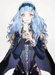Rule 34 | 1girl, blue cape, blue dress, blue hair, cape, closed mouth, dress, eyelashes, fire emblem, fire emblem: three houses, fire emblem warriors: three hopes, furrowed brow, gold trim, grey eyes, long hair, looking at viewer, marianne von edmund, nintendo, official alternate costume, official alternate hairstyle, own hands together, simple background, solo, standing, tsukimura noe, wavy hair, white background