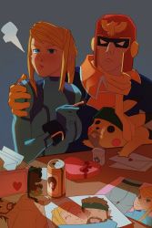 Rule 34 | 1boy, 1girl, arm around shoulder, ass, beer can, blonde hair, blue eyes, breasts, can, captain falcon, cheek-to-cheek, cigarette, creatures (company), crying, crying with eyes open, drawing (object), drink can, game freak, gen 1 pokemon, heads together, helmet, highres, hug, kojima hideo, long hair, medium breasts, metal gear (series), metroid, metroid: zero mission, metroid (creature), nintendo, pikachu, pokemon, pokemon (creature), pout, samus aran, simple background, smoke, smoking, solid snake, splashbrush, super smash bros., tears, topless male, zero suit