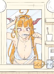 Rule 34 | 1girl, ahoge, alternate costume, arm up, armpits, bare shoulders, blonde hair, blue bra, bow, bra, braid, breasts, brown hairband, brushing teeth, character name, cleavage, collarbone, commentary request, cup, diagonal-striped bow, dragon girl, dragon horns, electrical outlet, female pov, hair ribbon, hairband, hand in own hair, hand up, highres, holding, holding toothbrush, hololive, horns, indoors, kiryu coco, large breasts, leaning forward, long hair, looking at mirror, mirror, mug, multicolored eyes, multicolored hair, navel, nekomimi sukinosuke, orange hair, panties, pink eyes, pointy ears, pov, print mug, purple eyes, reflection, ribbon, side braid, sidelocks, single braid, sleepy, slit pupils, solo, streaked hair, striped, striped bow, toothbrush, underwear, underwear only, upper body, virtual youtuber, white ribbon