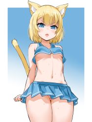 Rule 34 | 1girl, animal ear fluff, animal ears, arms behind back, bare shoulders, blonde hair, blue eyes, blue skirt, breasts, cat ears, cat girl, cat tail, clenched hands, collarbone, commission, crop top, disgust, from below, glaring, gradient background, highres, looking down, miniskirt, navel, no bra, no panties, open mouth, original, partially visible vulva, pixiv commission, pleated skirt, short hair, sirachi, skirt, small breasts, solo, stomach, sweat, tail, tail raised, thighs, underboob, zipper