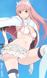 Rule 34 | 1girl, arm at side, bikini, bikini top only, black panties, blue background, blunt bangs, blush, boots, breasts, cape, closed mouth, eyebrows, fate/grand order, fate (series), fur boots, fur trim, gloves, hand on own hip, holding, knee boots, long hair, looking at viewer, medb (fate), midriff, miniskirt, navel, panties, pantyshot, pink hair, pleated skirt, simple background, skirt, smile, solo, standing, stomach, swimsuit, tiara, twitter username, underwear, upskirt, utu (ldnsft), white footwear, white gloves, white legwear, white skirt, yellow eyes