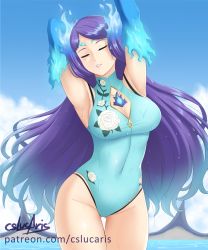 Rule 34 | aqua one-piece swimsuit, armpits, breasts, brighid (water lily) (xenoblade), brighid (xenoblade), cleavage cutout, clothing cutout, collarbone, cslucaris, closed eyes, fire, flower, gloves, layered swimsuit, long hair, medium breasts, navel, nintendo, one-piece swimsuit, purple hair, simple background, smile, solo, swimsuit, water, wet, xenoblade chronicles (series), xenoblade chronicles 2