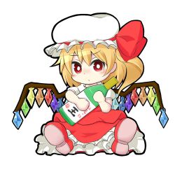 Rule 34 | 1girl, aru (aru-dokuo), blonde hair, bottle, bow, chibi, closed mouth, crystal, flandre scarlet, full body, glass bottle, hat, hat bow, hat ribbon, highres, holding, holding bottle, looking at viewer, mob cap, multicolored wings, one side up, pout, puffy short sleeves, puffy sleeves, red bow, red eyes, red footwear, red ribbon, red skirt, red vest, ribbon, sake bottle, shirt, shoe soles, short sleeves, simple background, skirt, skirt set, socks, solo, touhou, vest, white background, white hat, white shirt, white socks, wings