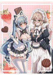Rule 34 | 2girls, ade (nikke), animal ears, apron, artist name, black dress, blonde hair, blue hair, blush, bowtie, braid, breasts, candy, cat ears, chocolate, chocolate heart, dress, drill hair, elbow gloves, fake animal ears, food, fruit, glasses, gloves, goddess of victory: nikke, green eyes, heart, juliet sleeves, large breasts, light blue hair, long hair, long sleeves, looking at viewer, maid, maid headdress, multiple girls, neck bell, official alternate costume, paw hair ornament, privaty (nikke), privaty (unkind maid) (nikke), puffy sleeves, shouyou (egcr8334), sidelocks, strawberry, thighhighs, twin drills, twintails, very long hair, white apron, white bow, white bowtie, white gloves, white thighhighs, yellow eyes