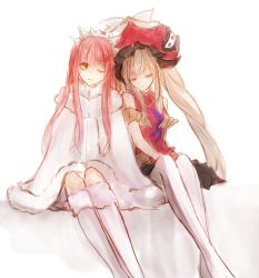 Rule 34 | 2girls, bare shoulders, byuura (sonofelice), closed eyes, coat, fate/grand order, fate (series), fur coat, hat, large hat, long hair, marie antoinette (fate), medb (fate), medb (first ascension) (fate), multiple girls, one eye closed, pantyhose, pink hair, red hat, side-by-side, silver hair, sitting, sleeping, sleeveless, smile, thighhighs, tiara, twintails, very long hair, white background, white legwear, yellow eyes, yuri