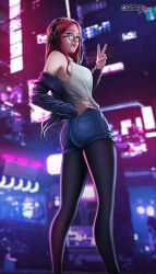 Rule 34 | 1girl, ass, city, cyberpunk, full body, glasses, hand on own hip, headphones, highres, jacket, long hair, looking back, neon lights, open clothes, open jacket, original, osmedraw, pantyhose, red eyes, red hair, shorts, urban style
