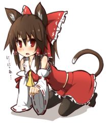 Rule 34 | 1girl, all fours, animal ears, bare shoulders, bow, brown hair, cat ears, cat tail, detached sleeves, fang, hair bow, hakurei reimu, kemonomimi mode, long hair, open mouth, pantyhose, red bow, simple background, solo, sweat, tail, touhou, white background, wide sleeves, yogurt bakudan