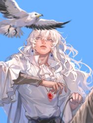 Rule 34 | 1boy, absurdres, animal, ascot, berserk, bird, bishoujo senshi sailor moon, blue background, blue sky, clear sky, commentary, day, earrings, expressionless, frilled shirt, frilled sleeves, frills, griffith (berserk), heshen da bi dou, highres, holding, holding reins, jewelry, long hair, male focus, outdoors, pendant, purple eyes, reins, shirt, sky, solo, upper body, wavy hair, white ascot, white shirt