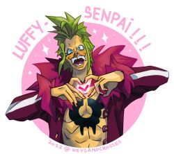 Rule 34 | 1boy, 2023, abs, bartolomeo, chest tattoo, circle, coat, commentary, english commentary, fur-trimmed coat, fur trim, green hair, heart, heart hands, highres, keysandcrosses, nose piercing, one piece, piercing, purple coat, sharp teeth, sidelocks, smile, solo, sparkle, tattoo, teeth, tusks, twitter username, upper body