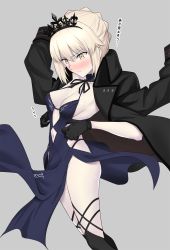 Rule 34 | 1girl, artoria pendragon (alter swimsuit rider) (fate), artoria pendragon (alter swimsuit rider) (third ascension) (fate), artoria pendragon (fate), black dress, black gloves, black jacket, black legwear, blonde hair, blush, braid, breasts, cleavage, closed mouth, collarbone, commentary request, dress, fate/grand order, fate (series), french braid, gloves, grey background, highres, jacket, long hair, looking at viewer, navel, open clothes, open jacket, pale skin, simple background, small breasts, solo, thighs, tiara, yellow eyes, yoshiki360