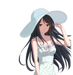 Rule 34 | 1girl, adjusting clothes, adjusting headwear, black hair, blue eyes, bow, breasts, dress, hat, idol wars z, light smile, looking at viewer, nakahara kasumi, official art, pink bow, small breasts, solo, standing, sun hat, third-party source, transparent background, white dress, white hat
