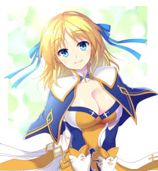 Rule 34 | 1girl, blonde hair, blue capelet, blue dress, blue ribbon, border, breasts, capelet, cleavage, closed mouth, commentary request, cross, dress, gloves, hair ribbon, large breasts, looking at viewer, masaya ichika, medium hair, ragnarok masters, ragnarok online, ribbon, saint (ragnarok masters), smile, solo, upper body, white border, white dress, white gloves