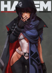 Rule 34 | 1girl, absurdres, belt, black gloves, black pants, breasts, brown eyes, cigarette, cloak, commentary, cover, english commentary, fake magazine cover, ghost in the shell, gloves, grey background, gun, highres, hip vent, holding, holding gun, holding weapon, hood, hood up, hooded cloak, kusanagi motoko, large breasts, loose belt, magazine cover, monori rogue, pants, partially fingerless gloves, purple hair, single sleeve, smoking, solo, thigh gap, weapon